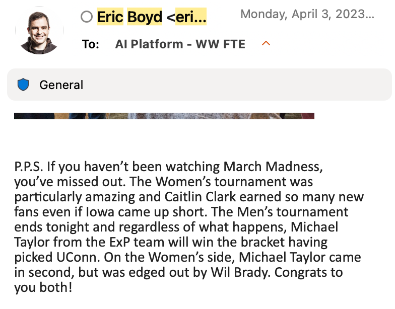 Eric Boyd announcing the 2023 AI Platform bracket challenge results