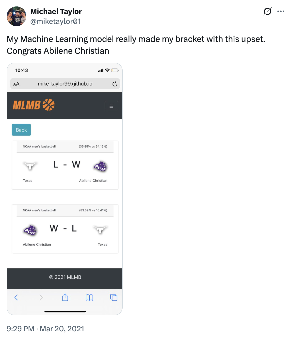 MLMB predicted the Abilene Christian upset over Texas in the 2021 NCAA tournament